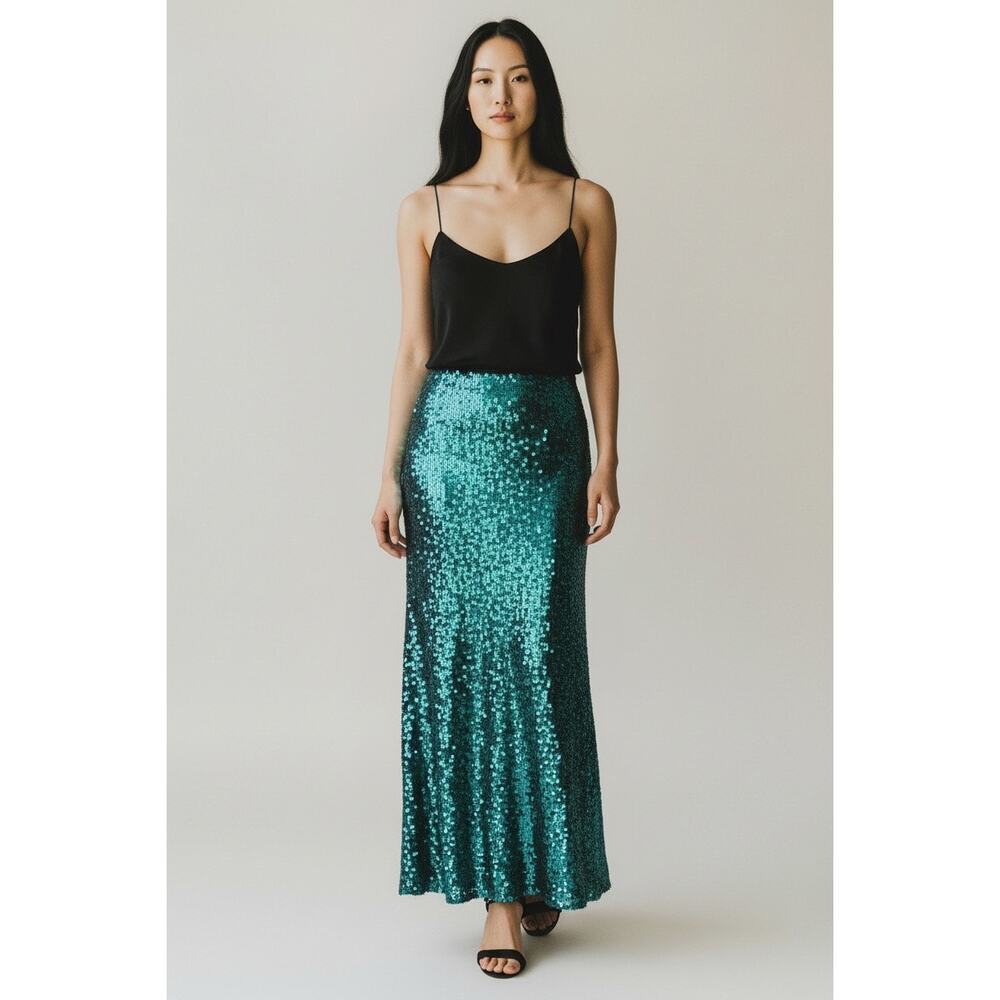 Dress the Population Women's Green Sequin Maxi Skirt Size XS NWOT